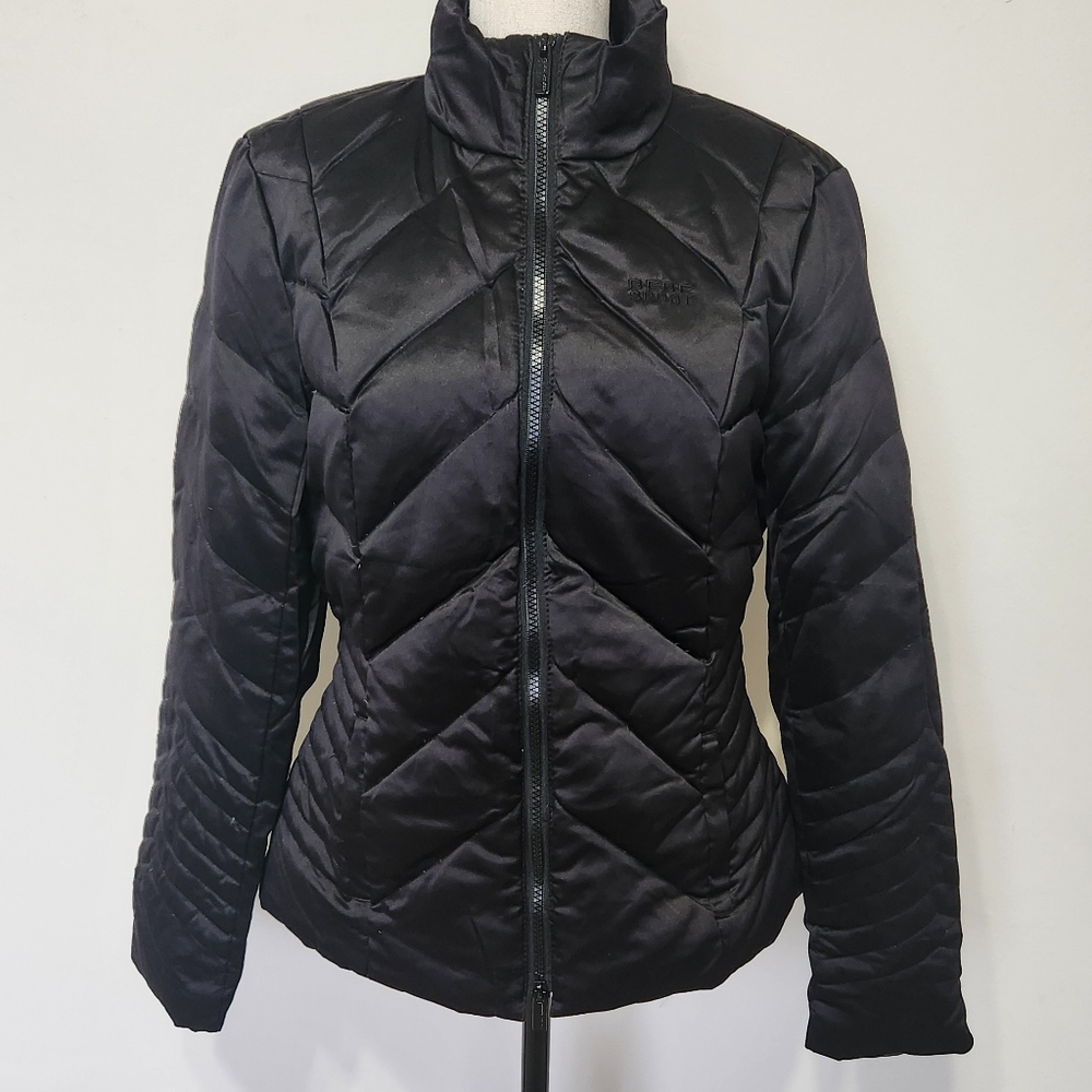 Bebe Sport Black Satin Down/Feather Puffer High Collar Warm Jacket Sz M